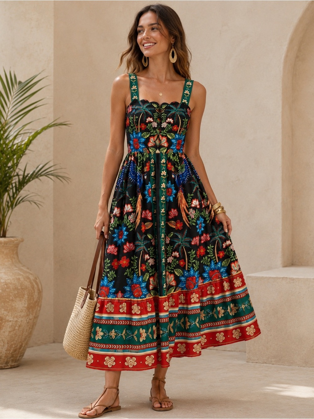 NEW - Black Tropical Floral Midi Dress Boho Resort Vacation Multicolor